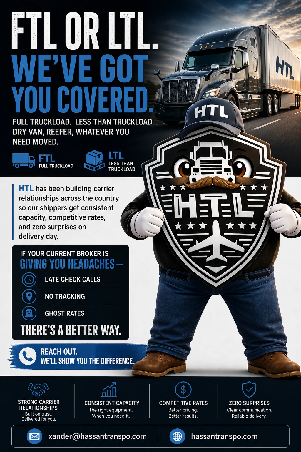 HTL FTL or LTL flyer — a mascot holding the HTL shield beside a semi-truck, with carrier relationships, capacity, rates, and service benefits