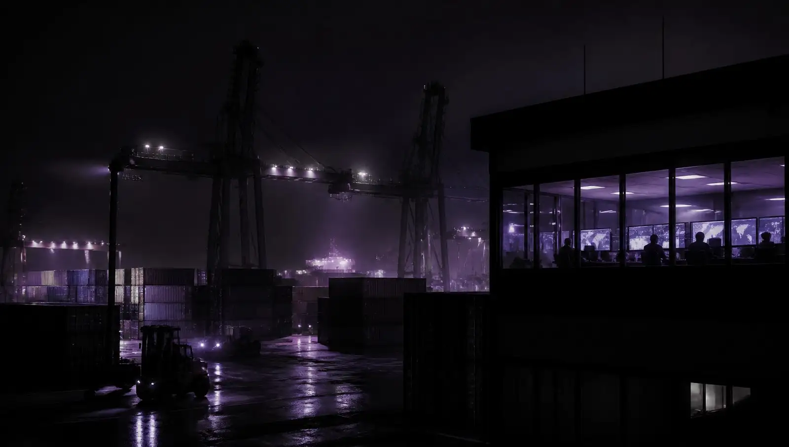 Container terminal at night with gantry cranes over stacked containers