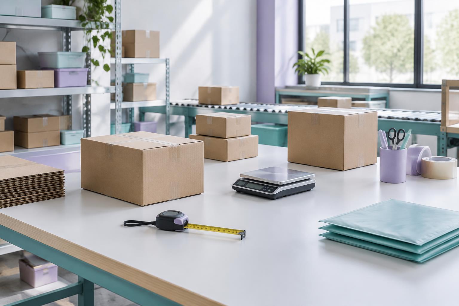 Unbranded parcels, measuring tape and scale ready for a packaging review